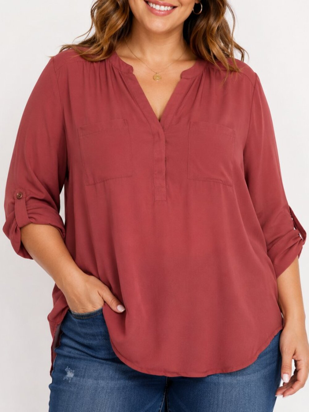 Torrid Harper Georgette 3/4 Roll Tab Blouse Rust Womens 1X Flowy Work Top